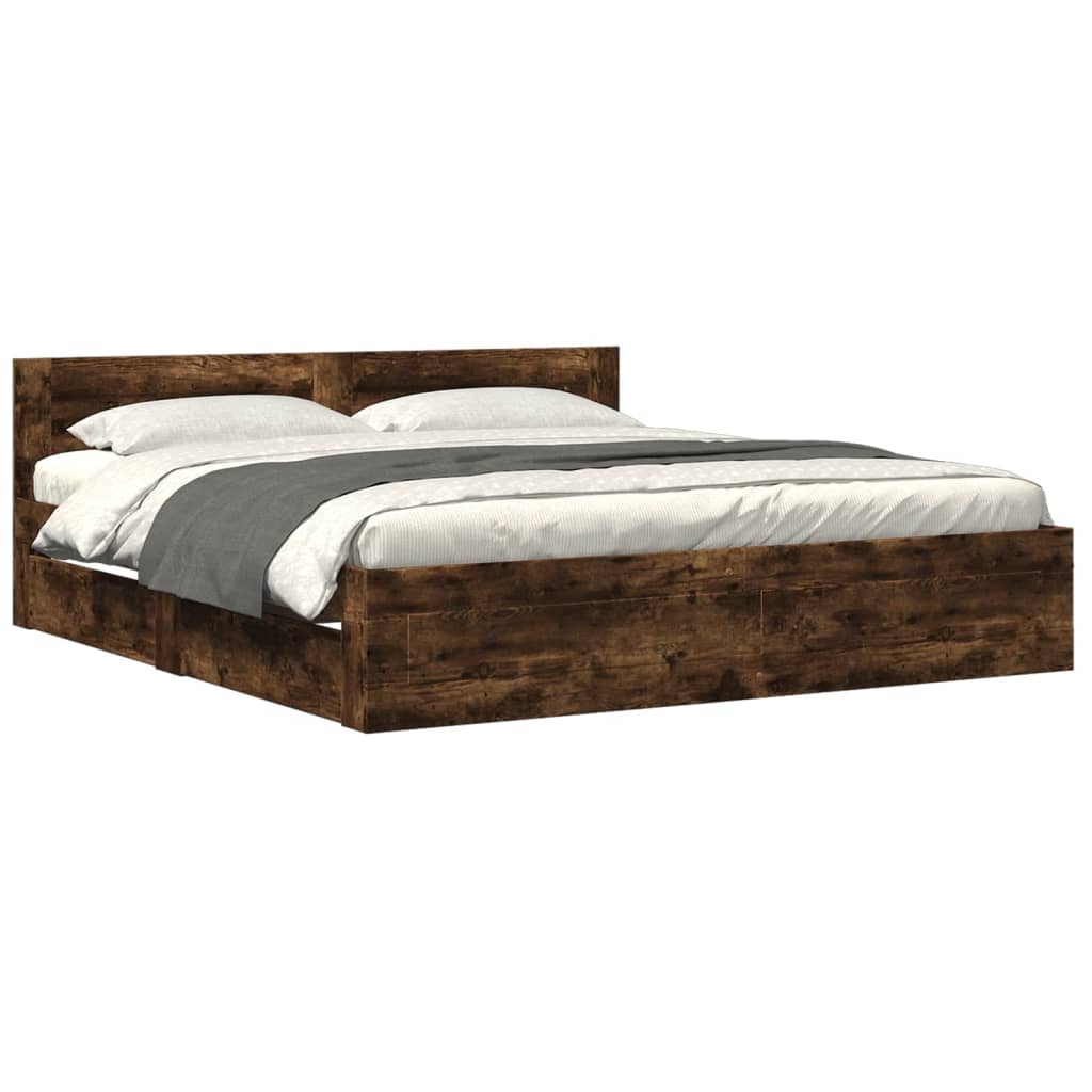 Bed Frame with Headboard Smoked Oak Finish 200x200 cm Wood Based Material