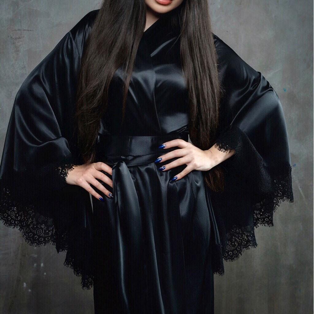 Женское сексуальное кружевное атласное кимоно, длинный халат, халат, нижнее белье, пижама с поясом, пижама