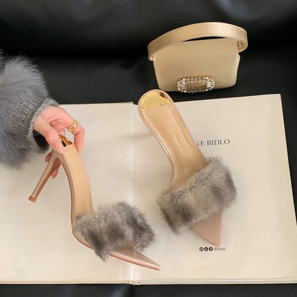 Летняя мода верхняя одежда тапочки сексуальные остроносые волосатые каблуки тапочки на высоком каблуке женская праздничная обувь