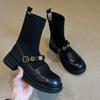 Cowhide Version~ Thick-soled Metal Buckle Elastic Short Boots Retro College Style Knitted Thin Boots Women's Versatile Loafers Boots