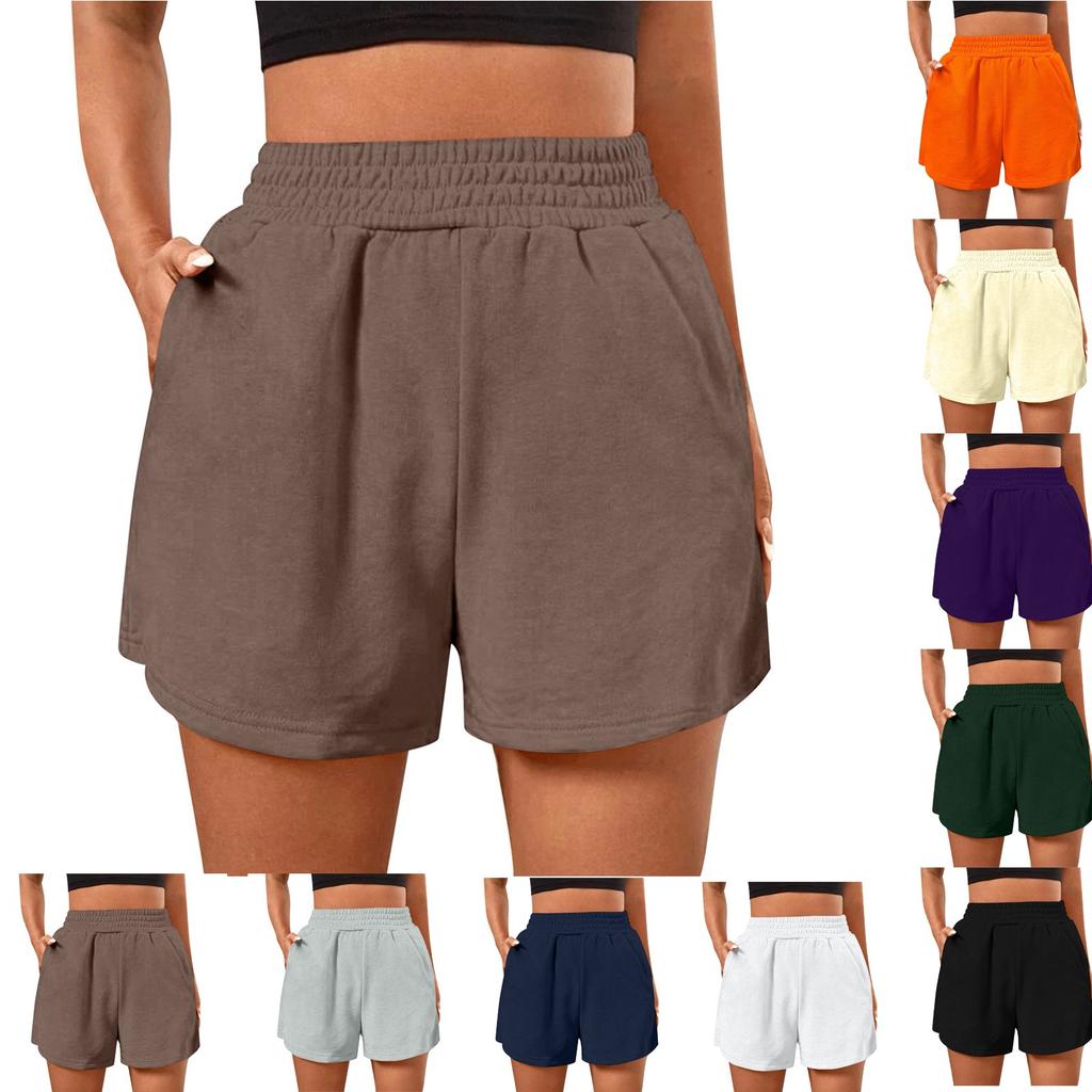 Fashionable Women's Elastic Waist Loose Wide Leg Solid Color Casual Sports Shorts