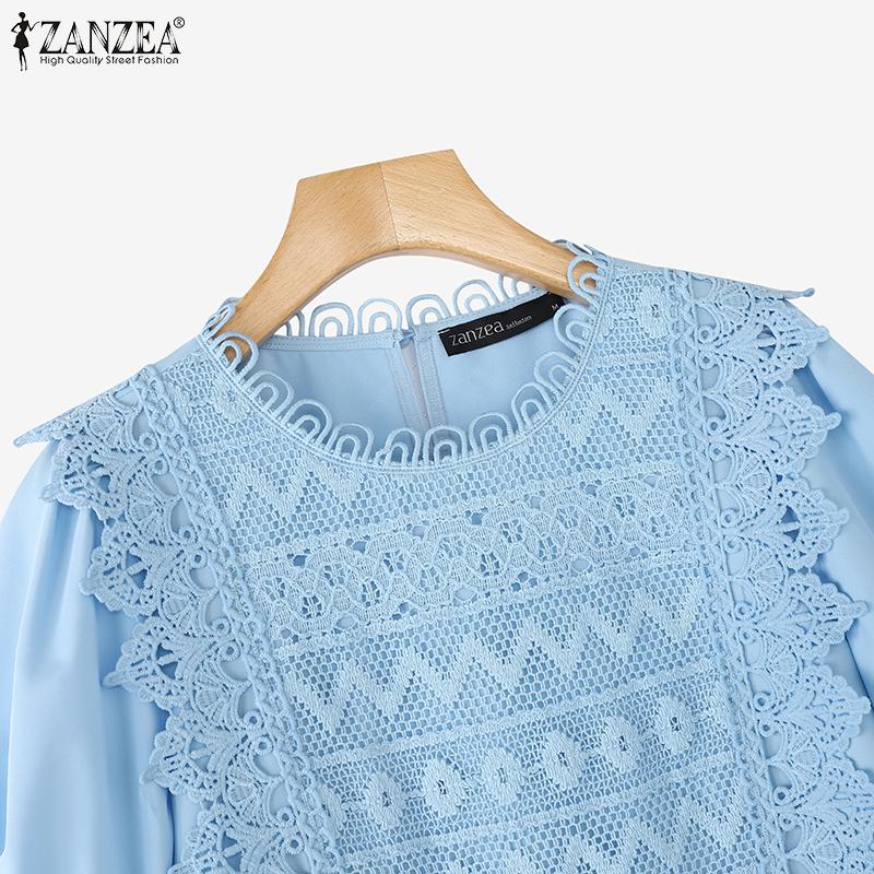 ZANZEA Женская повседневная блузка с круглым вырезом, коротким рукавом, свободного кроя, с лоскутным узором, связанным крючком