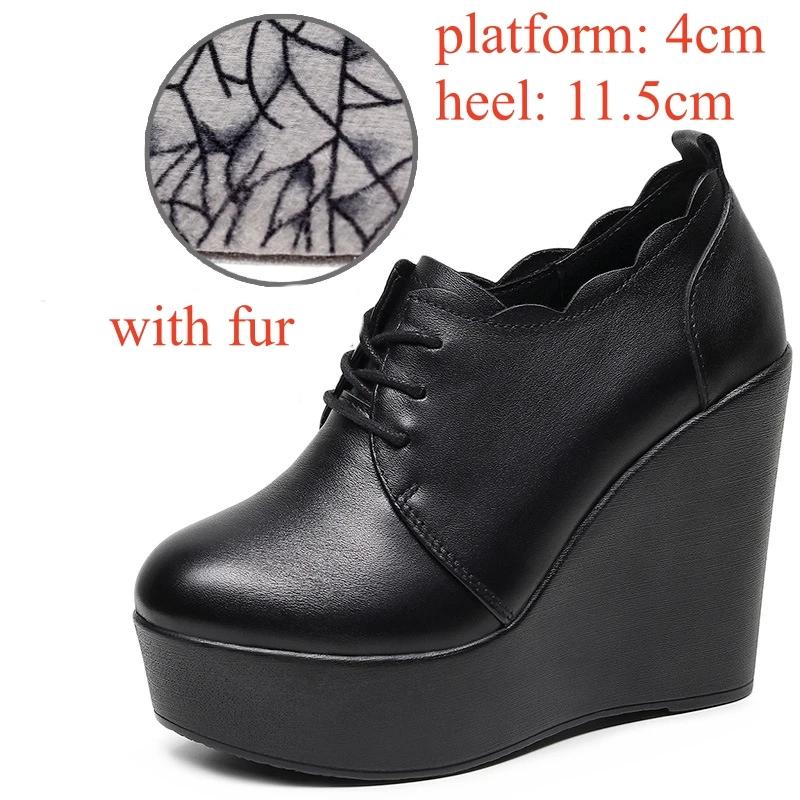 Маленький размер 33-43 Туфли из натуральной кожи с глубоким вырезом, на толстой подошве-платформе, Зима 2025, Высокий каблук, Тапочки-клинья, Офисная модель