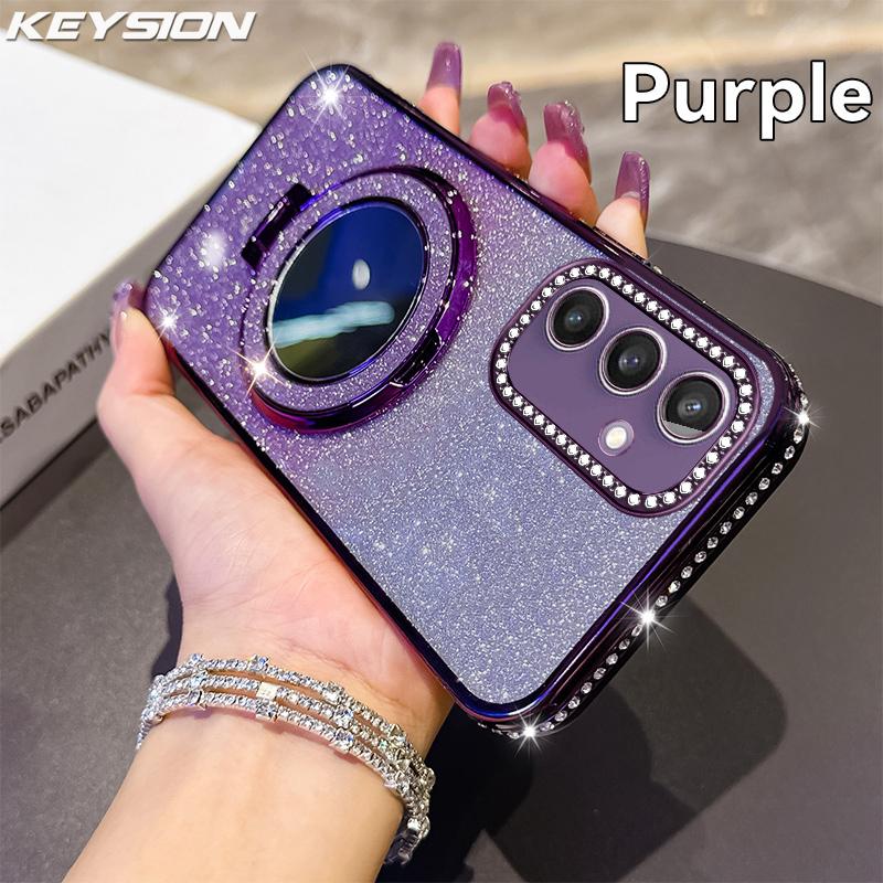 KEYSION Магнитный чехол для телефона с блестками и драгоценностями для Samsung Galaxy S25 Ultra 5G S24+ Plus S23 FE Чехол-подставка с зеркалом для макияжа Противоударный чехол