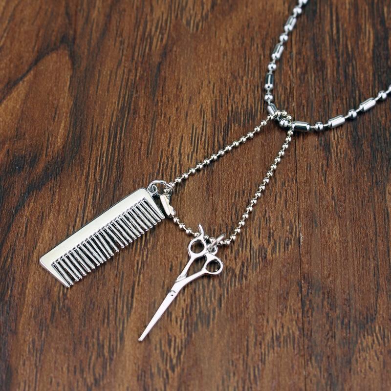 Women Fashion New Personality Scissors and Comb Hair Dryer Pendant Hairstylist Necklace