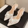 Fashion Luxury Rhinestone Bow Brand High Heels Women Sweet Lace Pointed Toe Buckle Slingback Designer Shoes Elegant Wedding Bridal Shoes