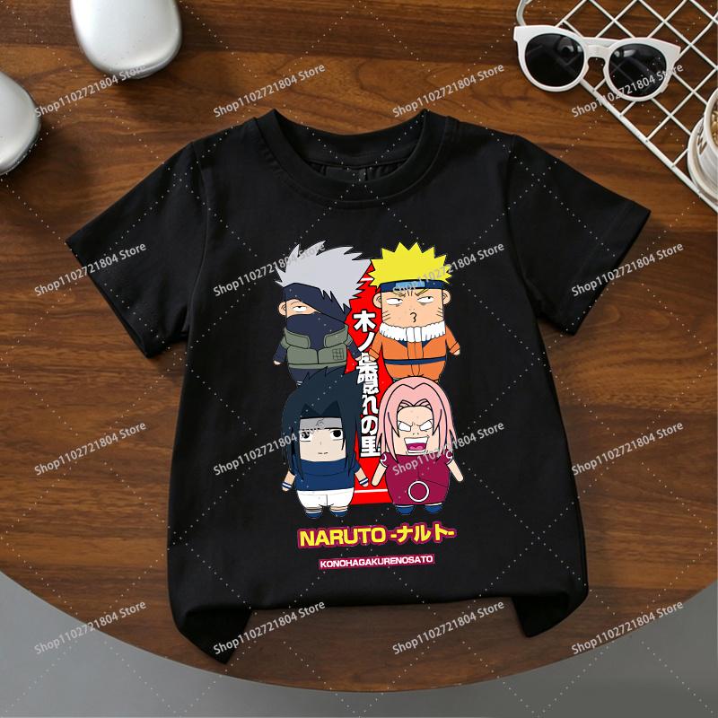 NARUTO Kawiai Black Tshirts for Boys Girls Anime Cartoon Printed Shortsleeved Top Children Summer Fashion Cute Tshirt Gifts