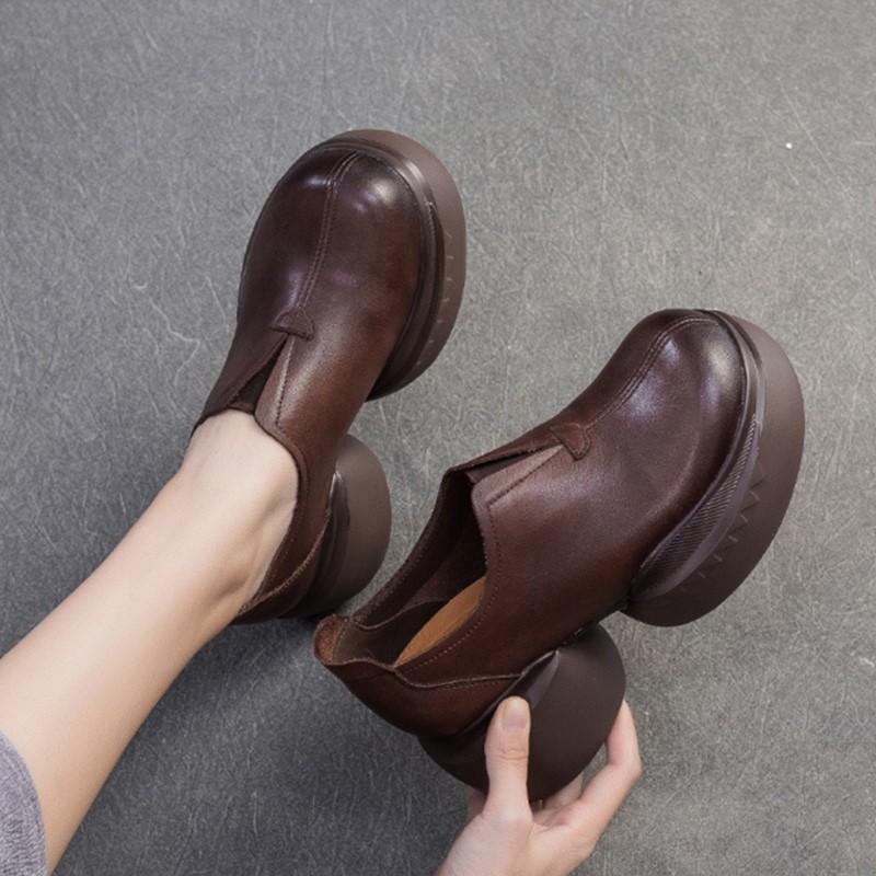 Fashion GKTINOO 2025 Spring Autumn Thick Sole Genuine Leather Shoes Comfortable Wedges Handmade Retro Women Shoes Slip On Pumps