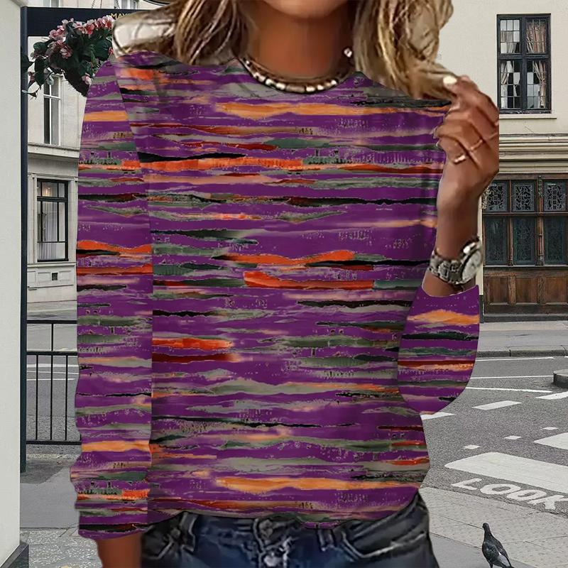 Топы для женщин с принтом камуфляжных линий, круглым вырезом и длинным рукавом, футболка, осенний повседневный тонкий пуловер, женский топ с длинным рукавом