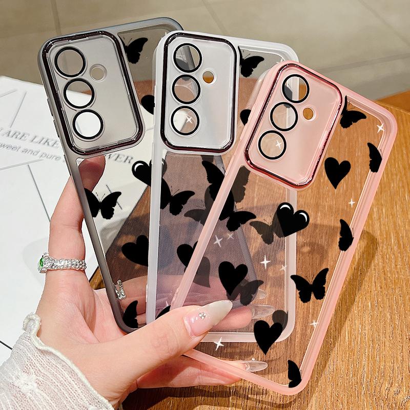 Прозрачный силиконовый чехол для телефона с принтом сердечек и бабочек для Samsung S24 Ultra S23 S22 S21 S20 FE A54 A34, противоударный защитный мягкий бампер для объектива