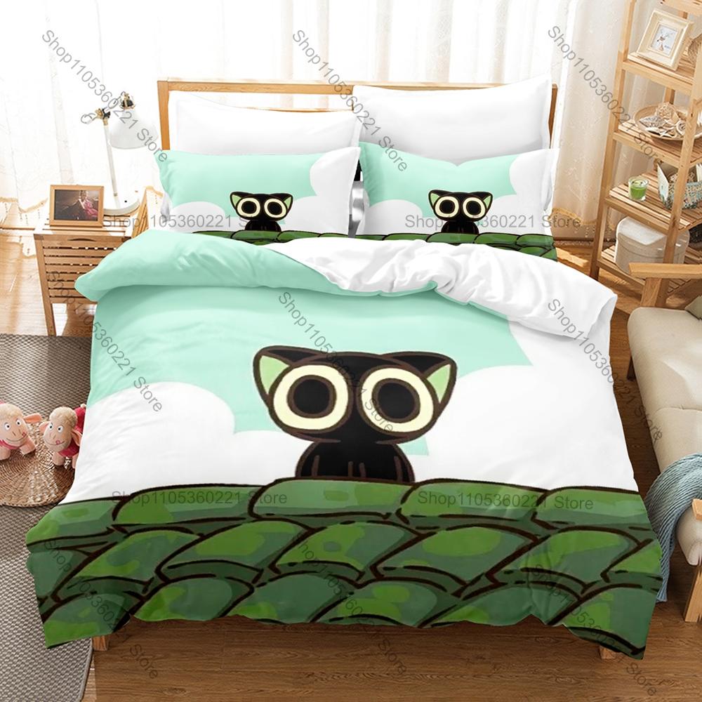 Black Spirit Cat Luo Xiaohei Forest Scene Art Print Duvet Cover + 2 Pillowcases Twin Full Queen King Anime Bedding Set