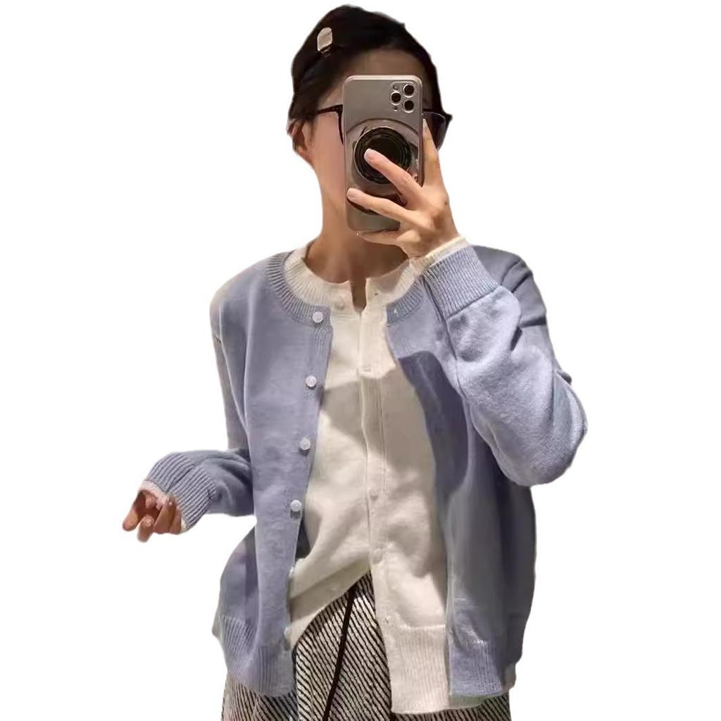 Корейский круглый вырез в стиле пэчворк с цветными блоками, искусственный двухсекционный вязаный кардиган для женщин, осень и зима, новый универсальный свитер, куртка