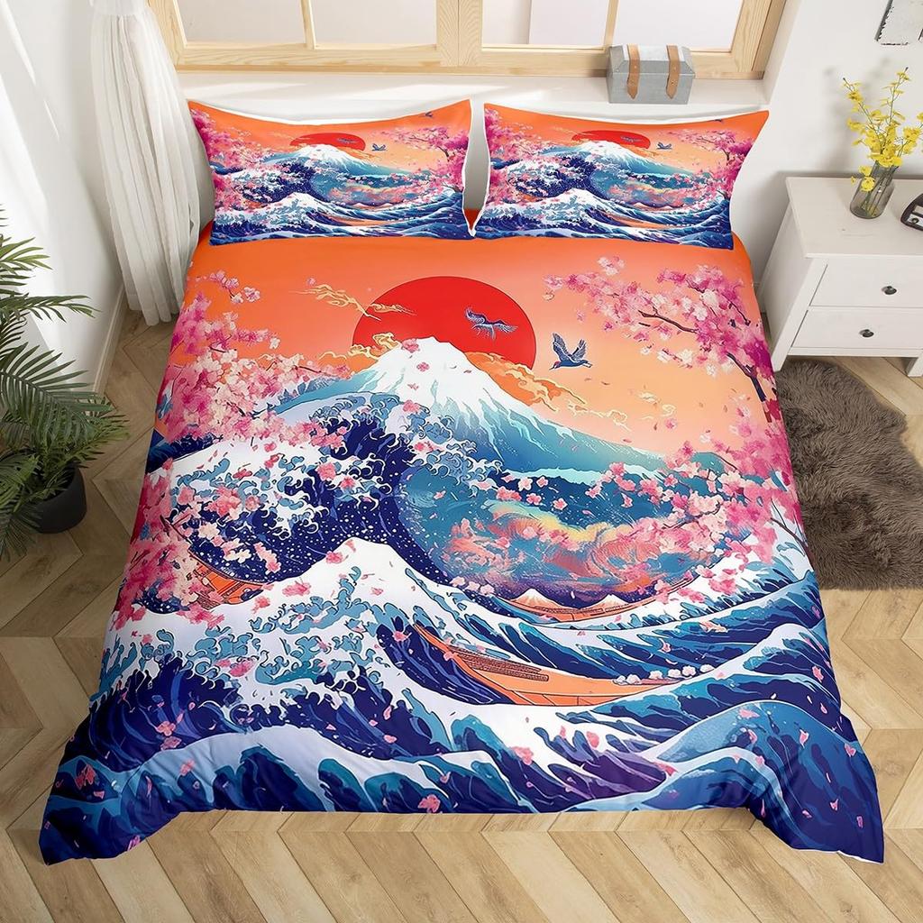 Mount Fuji Duvet Cover Twin Size Kids Cherry Blossoms Comforter Cover Set For Boys Girls Teens Natural Scenery Art Bedding Set