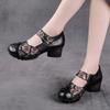 Round Toe Thick Heels Women's Sandals Ethnic Style Genuine Leather Printed Soft Sole Shoes