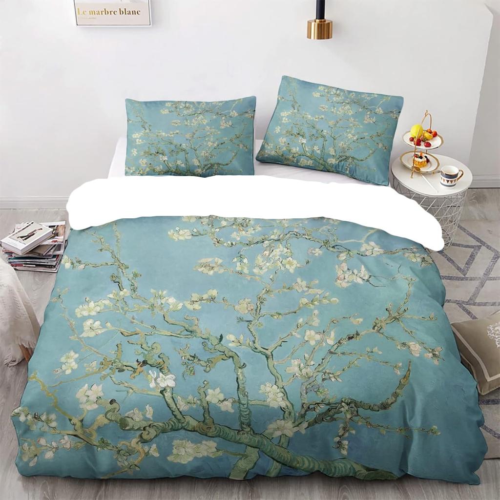 Пододеяльник размера «Квин» Ван Гог «Цветущий абрикос» Комплект постельного белья с 2 наволочками Узорчатый пододеяльник Мягкая легкая микрофибра