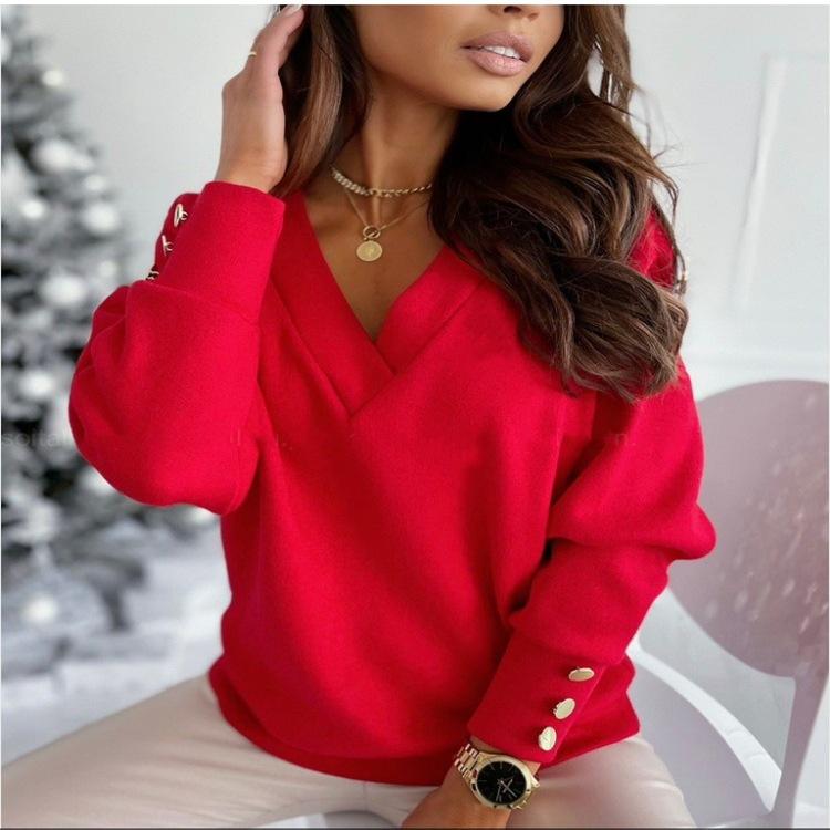 Осенне-зимняя модная женская мода с v-образным вырезом и длинным рукавом, повседневная однотонная трикотажная пуловер на пуговицах, свитера, джемпер