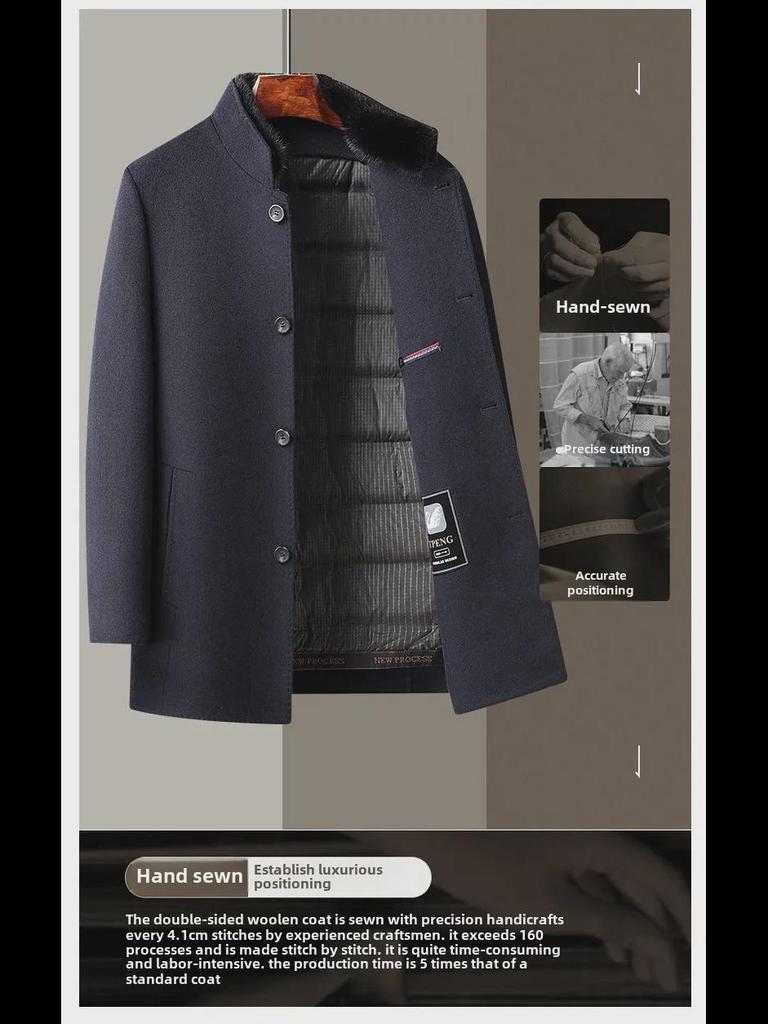 Мужское шерстяное пальто средней длины с мехом норки, съемной подкладкой из гусиного пуха и воротником-стойкой