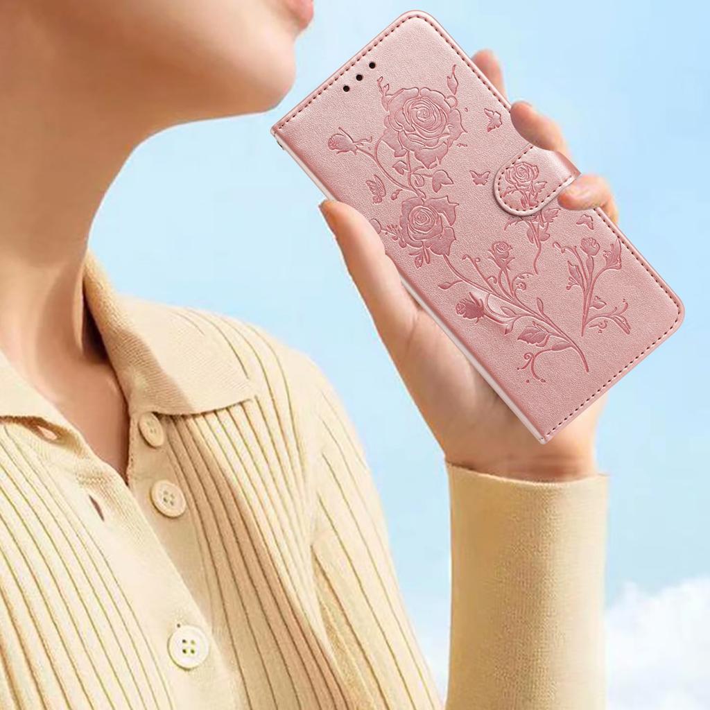 For iPhone 16 Pro Max Wallet Case Rose Pattern Imprinted Leather Flip Stand Phone Cover