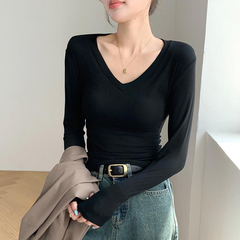 Футболка с воротником Love Collar Base, внутренний и внешний дизайн, белая футболка с длинными рукавами и V-образным вырезом спереди на плече