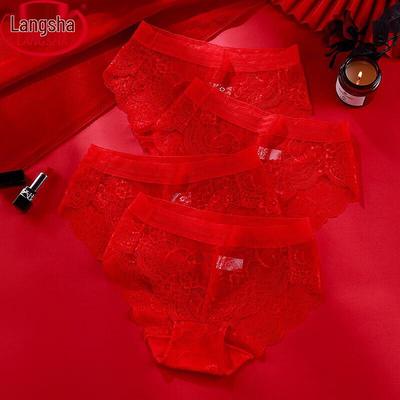 Женские сексуальные красные кружевные трусы, 4 штуки, с хлопковой ластовицей