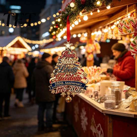 Christmas Home Decor 250th Anniversary Tree Ornament, USA Xmas Hanging for Holiday Ornaments Window, Patriotic Acrylic Sign Veterans Family Coworkers