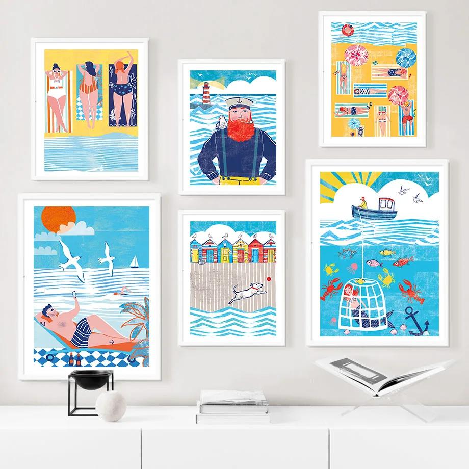 Капитан Чайки Краб Русалка Серфер Морской Пляж Корабль Настенная Живопись Холст Картины Плакаты И Принты Декор Картины Для Гостиной