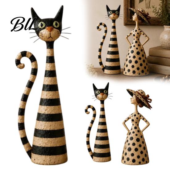 Thoughtful Housewarming Gifts 2Pcs Vintage Lady And Cat Sculptures Set, Resin Striped Figurine, Retro Elegant Artistic Figurine Statue with Polka Dot
