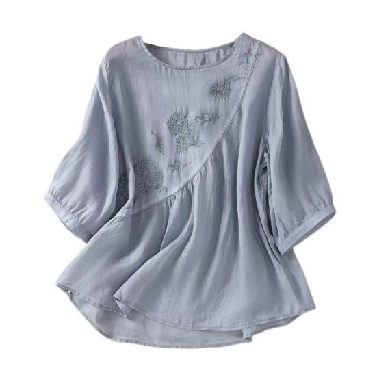 Женская повседневная рубашка с рукавом три четверти, асимметричный подол, вышитый цветочный узор, круглый вырез, однотонный топ