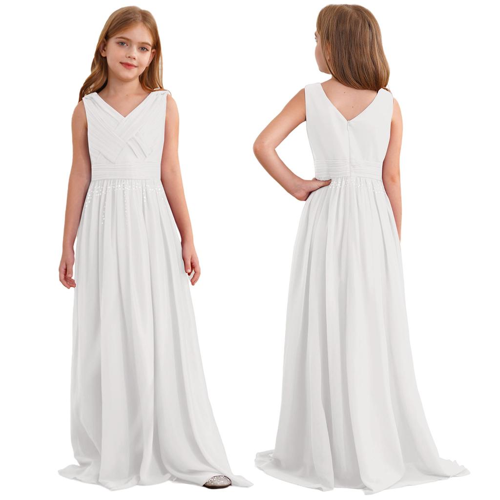 Girls Formal Party Gown V Neck Sleeveless Ruched Interwoven Chiffon Long Dress for Wedding Flower Girl Cocktail