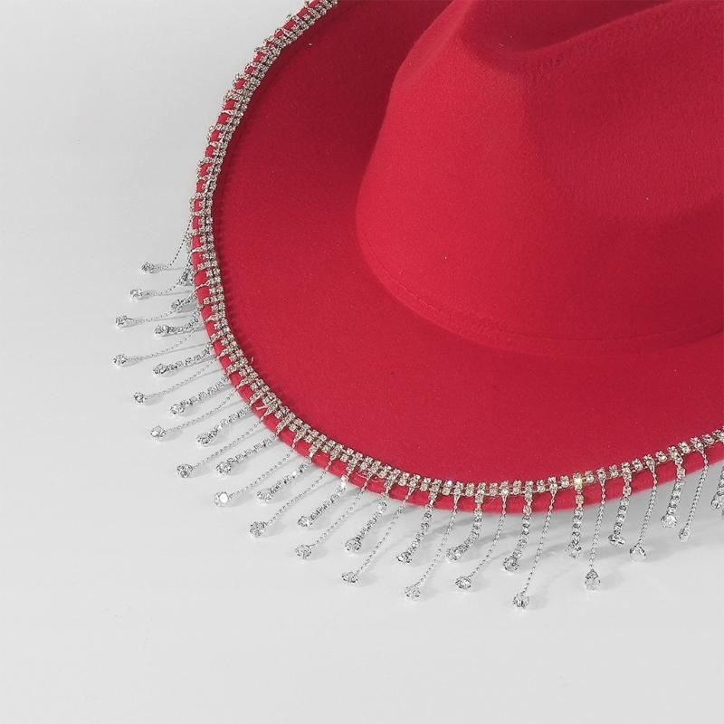 Trendy Cowboy Hat Denims Hat with Sparkling Rhinestones and Fringe Detail for Outdoor Activities Parties Halloween Hat
