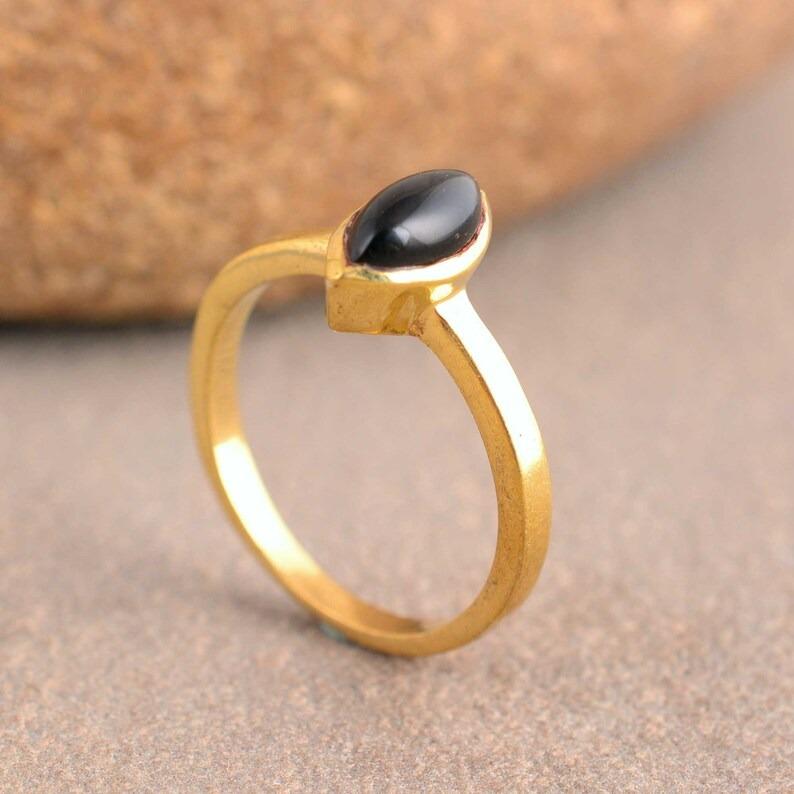 Black Onyx Gemstone Solid 925 Sterling Silver Marquise Gemstone Handmade Designer Yellow Gold Ring For Women