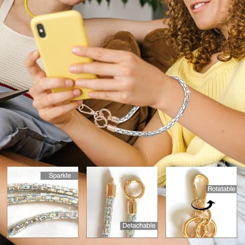 Crystal messenger phone lanyard anti-theft rhinestone multi-layer shoulder strap gold metal buckle silver.