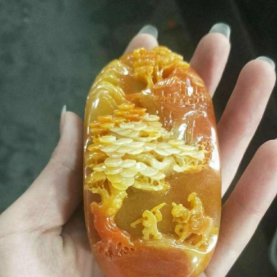 Chinese Antique Huanglong Jade Carving Landscape Figure Handlebar Piece