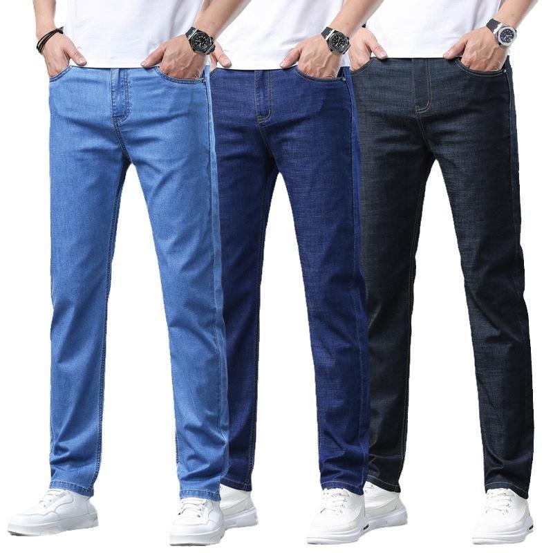 Летние легкие джинсовые брюки для мужчин Повседневные длинные брюки свободного кроя с прямыми штанинами Мужские эластичные универсальные премиальные повседневные брюки