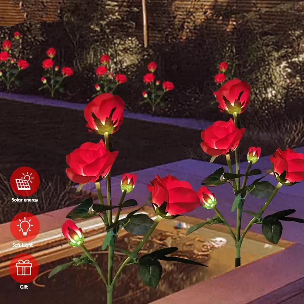 Solar Powered Rose Flower Lights, 5Head Artificial Rose Lawn Light for Valentine's Day Garden Decor, Patio, Deck, Fence lights