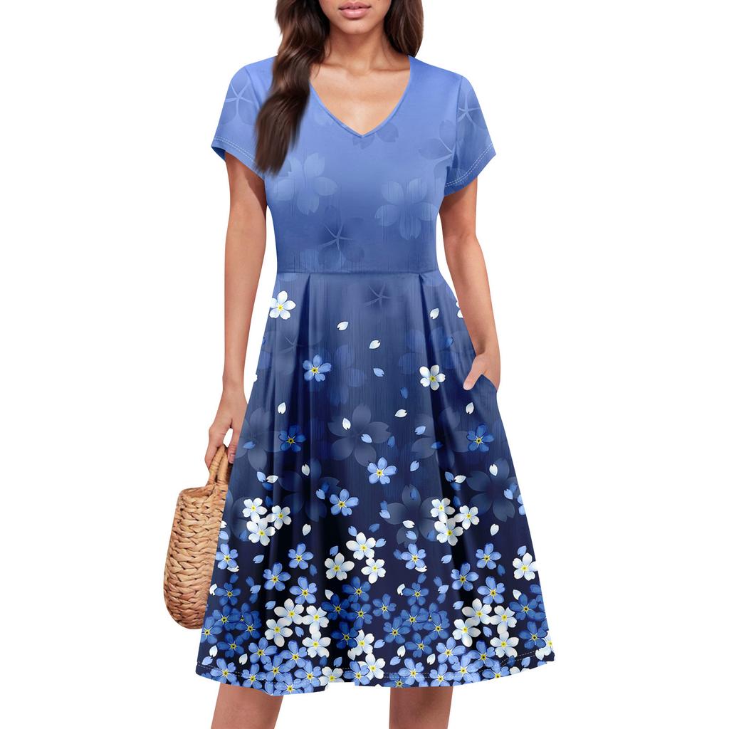 Womens Summer Dress Short Sleeve V Neck Short Dresses Fashion Casual Flowy A Line Swing Sundress With Pocket