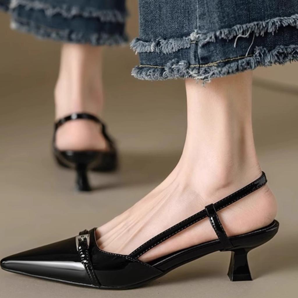 2025 French Baotou Temperament High Heel Sandals Celebrity Xiaoxiangfeng One-word Buckle Belt Shallow Mouth Single Shoes with Skirt Women's Shoes