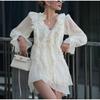 Summer Women Solid Color Pleated Dress Elegant Ruffles V-neck Long Sleeve Mini Dress Fashion Female Fold Casual Beach Party Dress