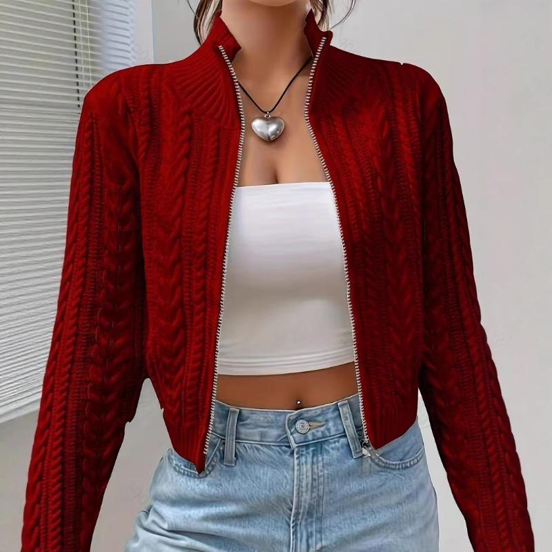 Женская одежда весна и осень воротник-стойка темпераментный деловой стиль легкий и зрелый стиль молния длинный рукав вязаный кардиган куртка