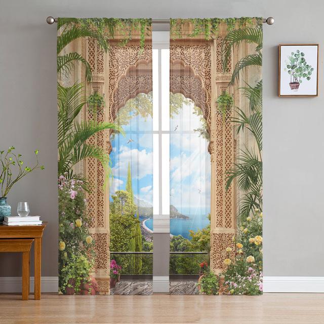 Arch Flowers Sea Printed Curtains Drape Sheer Tulle Home Decoration Living Room Bedroom Cortinas Chiffon Window Curtains