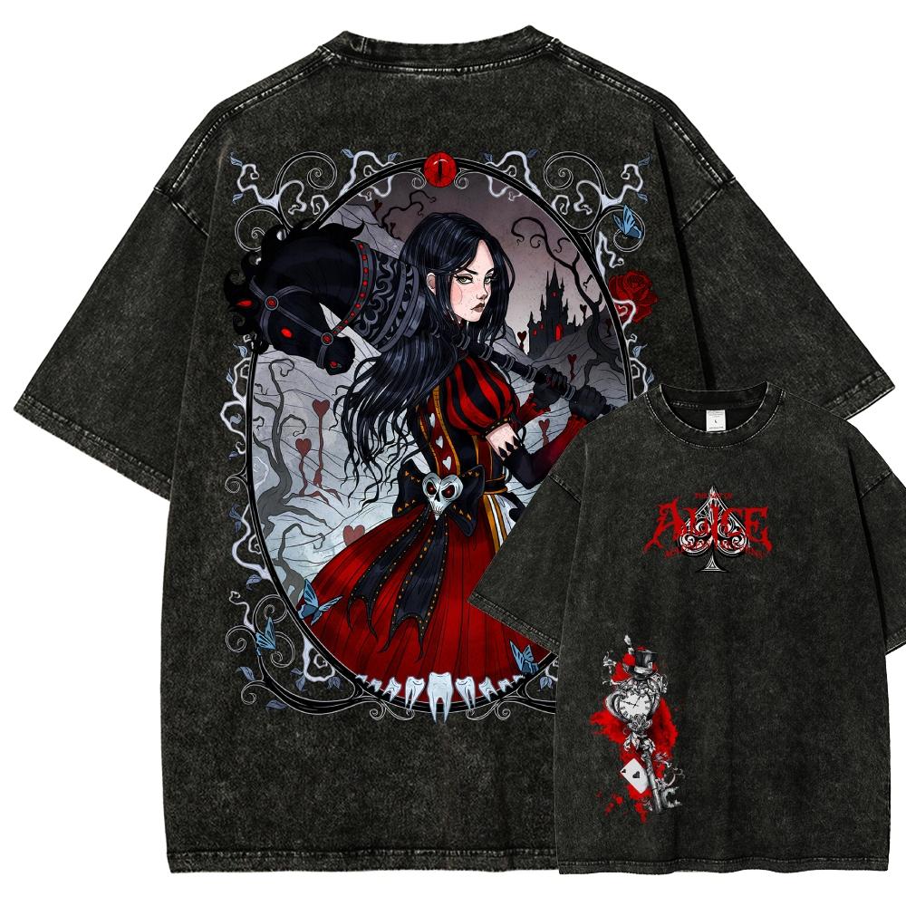 Alice Madness Returns Винтажная стираная футболка с графическим принтом Унисекс Круглый вырез Короткий рукав Хлопок Повседневная Уличная мода Футболки Топы для мужчин женщин