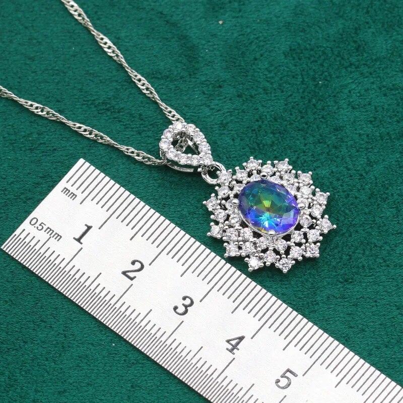 Отличительные комплекты ювелирных изделий из серебра 925 пробы для женщин, свадебный браслет с радужным синим цирконием, серьги, ожерелье, кулон, кольцо, подарок на свидание
