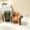 Non Slip Wood Grain Handle Cup Clear Toothbrush with Handle, Plastic Mouthwash Holder, Family Use Container Storage Slot Modern Bathroom Accessory for