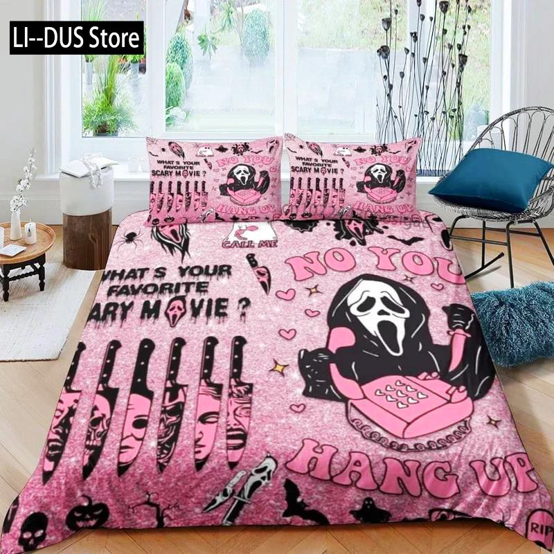 Halloween Bedding Set 3/4-pcs Pink Cartoon Skeleton Duvet Set Funny Horror Ghost 2 Pillowcases,1 Bed Sheet And 1 Duvet Cover