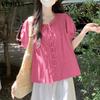 VONDA Summer Women O Neck Puff Sleeve Pleated Buttons Up Casual Blouse Tops