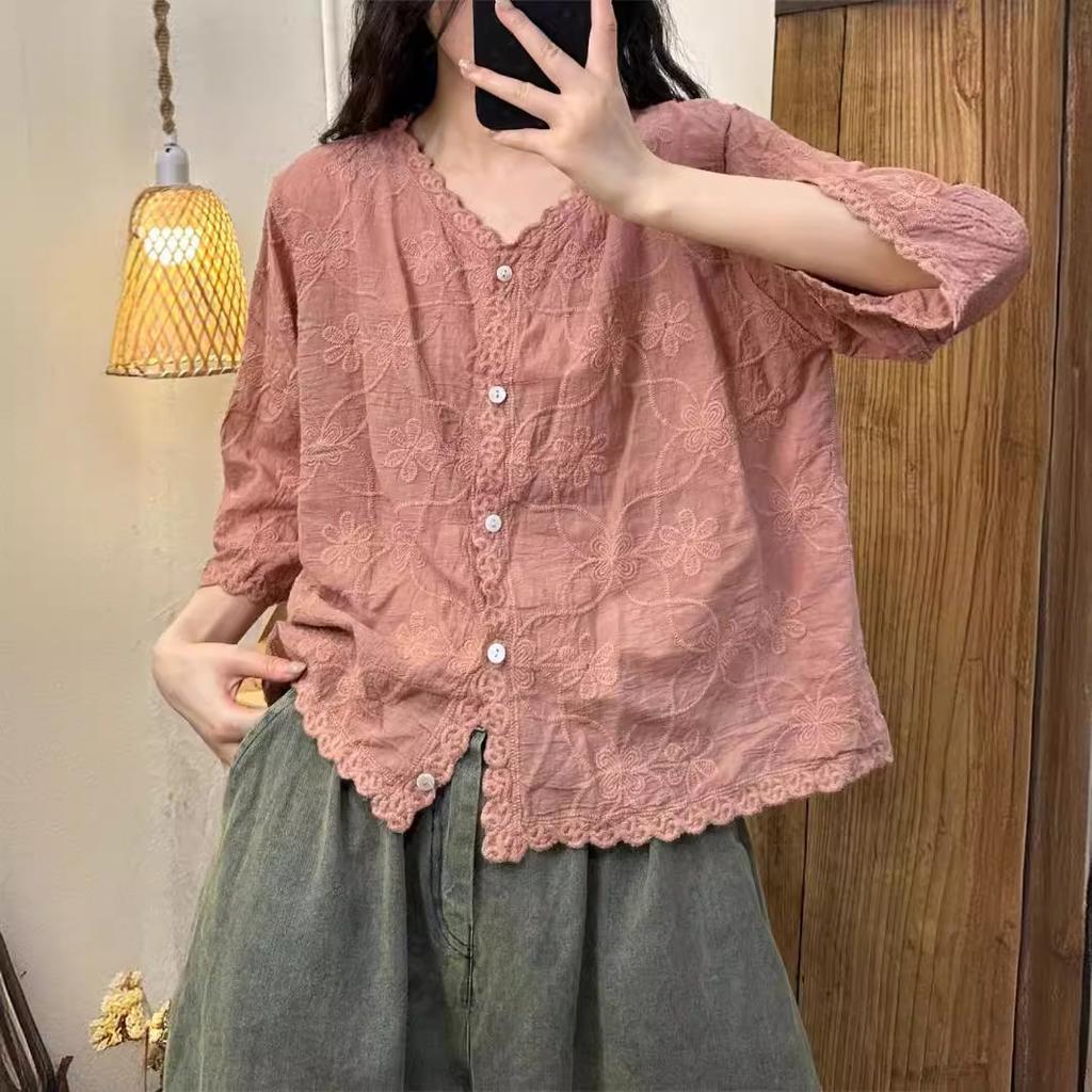 Summer Women Cotton Shirts Embroidery Loose V-Neck Collae Single-Breasted Female Tops