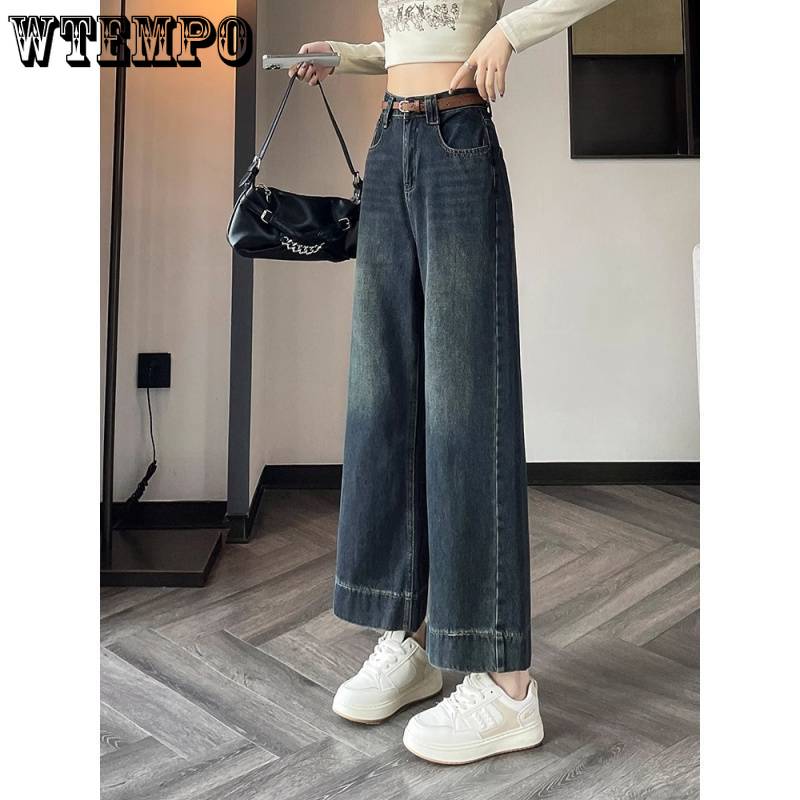 Retro Blue Jeans for Women's Spring Wide Leg Pants High Waist Slim Cropped Pants Straight Leg Pants
