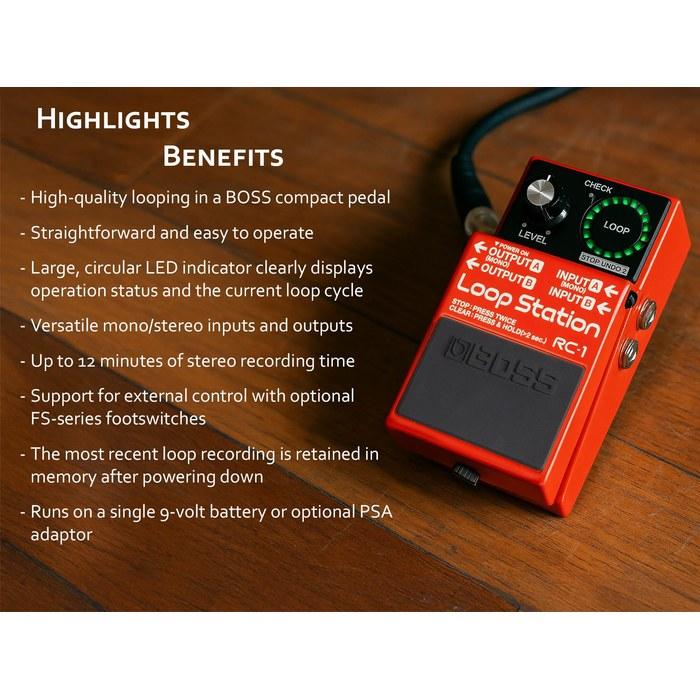 Boss RC-1 Loop Station Bundle with Power Supply, Instrument Cable, Patch Cord, and Picks. Powered Package.