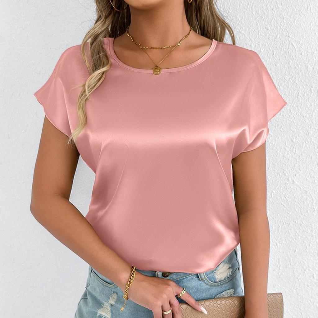 Женская модная повседневная однотонная футболка с круглым вырезом и короткими рукавами Футболка с короткими рукавами