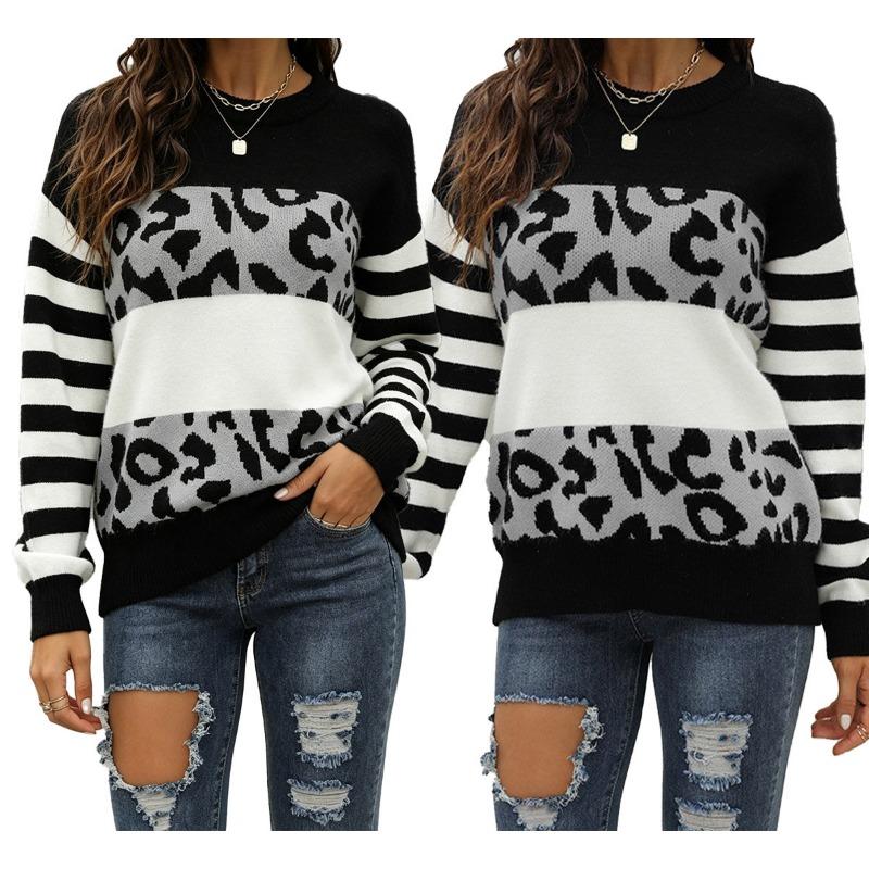 Women S Loose Knit Sweater Round Neck Long Sleeve Leopard Print Color Block Pullover